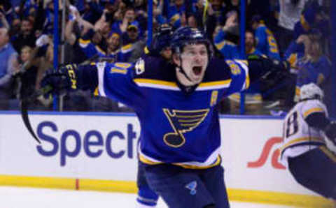 St. Louis Blues right wing Vladimir Tarasenko (91) celebrates in a playoff Blues jersey (Jeff Curry-USA TODAY Sports)