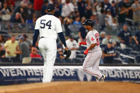 NEW YORK, NY – AUGUST 13: Rafael Devers hits a game tying 9th inning home run off of Aroldis Chapman.