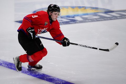 Jan 25, 2023; Langley, BC, CANADA; CHL Top Prospects team red forward Zach Benson (9) skates during the first period in the 2023 CHL Top Prospects ice hockey game at Langley Events Centre. Mandatory Credit: Anne-Marie Sorvin-USA TODAY Sports