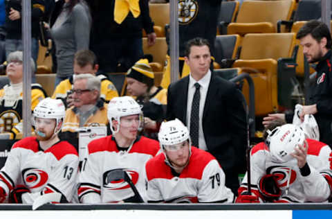 BOSTON, MA – MAY 12: Carolina Hurricanes head coach Rod Brind’Amour on the bench during Game 2 of the Stanley Cup Playoffs Eastern Conference Finals on May 12, 2019, at TD Garden in Boston, Massachusetts. (Photo by Fred Kfoury III/Icon Sportswire via Getty Images)