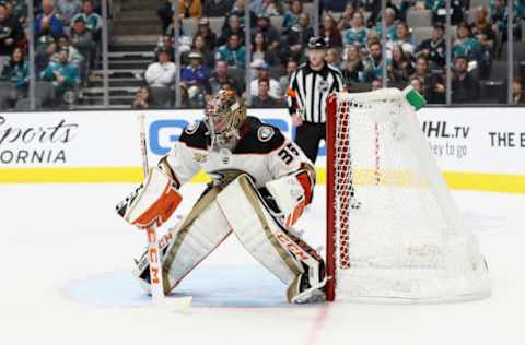 SAN JOSE, CA – OCTOBER 03: John Gibson #36 of the Anaheim Ducks in action against the San Jose Sharks at SAP Center on October 3, 2018, in San Jose, California. (Photo by Ezra Shaw/Getty Images)