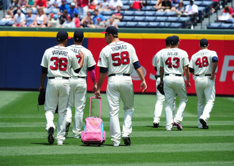 ATLANTA, GA – MAY 11: Anthony Varvaro #38 and Ian Thomas #58 of the Atlanta Braves chat on the way to the bullpen before the game against the Chicago Cubs at Turner Field on May 11, 2014 in Atlanta, Georgia. (Photo by Scott Cunningham/Getty Images)