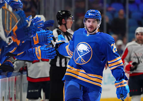 BUFFALO, NY – DECEMBER 11: Vinnie Hinostroza #29 of the Buffalo Sabres celebrates after scoring against the Washington Capitals during the first period at KeyBank Center on December 11, 2021 in Buffalo, New York. (Photo by Kevin Hoffman/Getty Images)