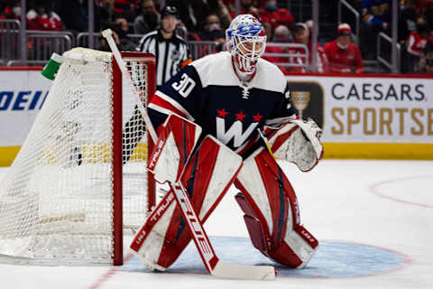 WASHINGTON, DC – FEBRUARY 02: Ilya Samsonov #30 of the Washington Capitals tends net against the Edmonton Oilers during the first period of the game at Capital One Arena on February 2, 2022, in Washington, DC. (Photo by Scott Taetsch/Getty Images)