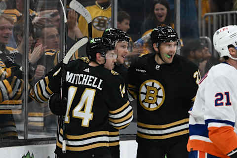 Boston Bruins center Charlie Coyle (13) celebrates with defenseman Ian Mitchell (14) and left wing James van Riemsdyk (21) after scoring a goal against the New York Islanders during the third period at the TD Garden. Mandatory Credit: Brian Fluharty-USA TODAY Sports