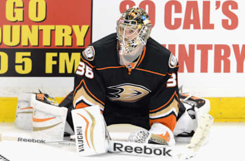 ANAHEIM, CA: Goaltender John Gibson #36 of the Anaheim Ducks warms up before the game against the Colorado Avalanche at Honda Center on March 20, 2015. (Photo by Robert Binder/NHLI via Getty Images)