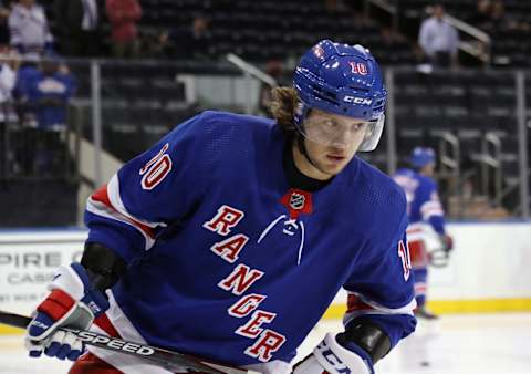 NEW YORK, NEW YORK – SEPTEMBER 18: Artemi Panarin #10 of the New York Rangers skates in warm-ups prior to the game against the New Jersey Devils at Madison Square Garden on September 18, 2019 in New York City. (Photo by Bruce Bennett/Getty Images)