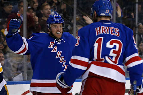 Feb 9, 2017; New York, NY, USA; New York Rangers right wing Michael Grabner (40) celebrates scoring a goal with Rangers center Kevin Hayes (13) during the second period against the Nashville Predators at Madison Square Garden. Mandatory Credit: Adam Hunger-USA TODAY Sports