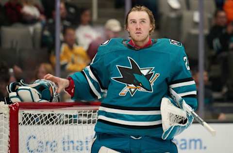 Nov 7, 2023; San Jose, California, USA; San Jose Sharks goaltender Mackenzie Blackwood (29) before the game against the Philadelphia Flyers at SAP Center at San Jose. Mandatory Credit: Robert Edwards-USA TODAY Sports