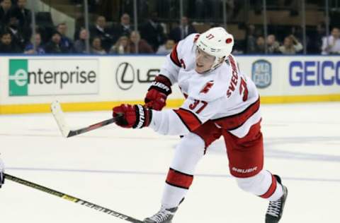 NEW YORK, NEW YORK – NOVEMBER 27: Andrei Svechnikov #37 of the Carolina Hurricanes skates against the New York Rangers at Madison Square Garden on November 27, 2019 in New York City. The Rangers defeated the Hurricanes 3-2. (Photo by Bruce Bennett/Getty Images)