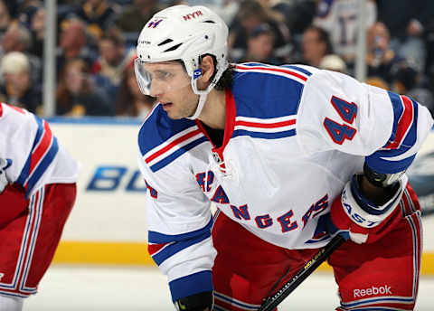 BUFFALO, NY – APRIL 19: Steve Eminger #44 of the New York Rangers waits for a face-off against the Buffalo Sabres at First Niagara Center on April 19, 2013 in Buffalo, United States. (Photo by Jen Fuller/Getty Images)