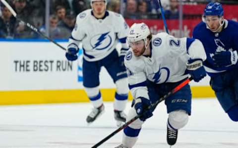 May 4, 2022; Toronto, Ontario, CAN; Tampa Bay Lightning forward Brayden Point (21) breaks in the clear against the Toronto Maple Leafs during the second period of game two of the first round of the 2022 Stanley Cup Playoffs at Scotiabank Arena. Mandatory Credit: John E. Sokolowski-USA TODAY Sports