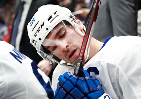 VANCOUVER, BC – DECEMBER 10: John Tavares #91 of the Toronto Maple Leafs checks his stick during their NHL game against the Vancouver Canucks at Rogers Arena December 10, 2019 in Vancouver, British Columbia, Canada. Toronto won 4-1. (Photo by Jeff Vinnick/NHLI via Getty Images)