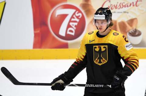 23 May 2019, Slovakia, Bratislava: Ice hockey: World Championship, Czech Republic – Germany, final round, quarter finals in the Ondrej Nepela Arena. Germany’s Moritz Seider at the warm-up. Photo: Monika Skolimowska/dpa-Zentralbild/dpa (Photo by Monika Skolimowska/picture alliance via Getty Images)