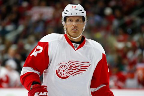 Oct 10, 2015; Raleigh, NC, USA; Detroit Red Wings forward Brad Richards (17) looks on during the game against the Carolina Hurricanes at PNC Arena. The Detroit Red Wings defeated the Carolina Hurricanes4-3. Mandatory Credit: James Guillory-USA TODAY Sports