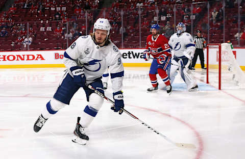 Mikhail Sergachev #98 of the Tampa Bay Lightning. (Photo by Bruce Bennett/Getty Images)