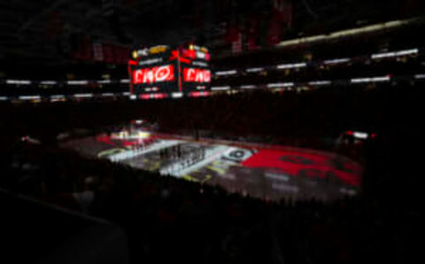 Penalties May 11, 2023; Raleigh, North Carolina, USA; Carolina Hurricanes and the New Jersey Devils get ready for the start of game five of the second round of the 2023 Stanley Cup Playoffs at PNC Arena. Mandatory Credit: James Guillory-USA TODAY Sports etiquette