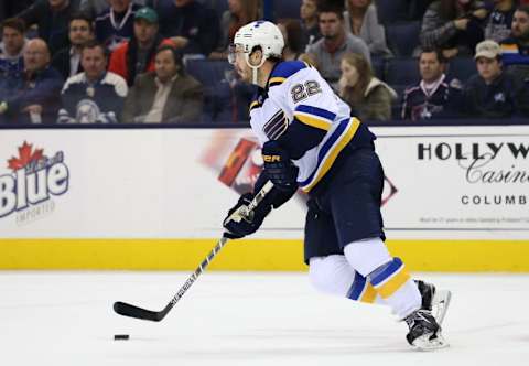 Nov 17, 2015; Columbus, OH, USA; St. Louis Blues defenseman Kevin Shattenkirk (22) skates with the puck in the second period against the Columbus Blue Jackets at Nationwide Arena. The Blue Jackets won 3-1. Mandatory Credit: Aaron Doster-USA TODAY Sports