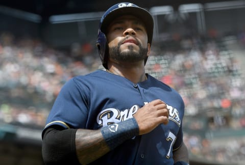 SAN FRANCISCO, CA – JULY 29: Eric Thhames #7 of the Milwaukee Brewers looks on as he walks off the field in the fifth inning at AT&T Park on July 29, 2018 in San Francisco, California. (Photo by Thearon W. Henderson/Getty Images)