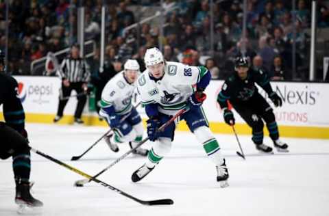 SAN JOSE, CALIFORNIA – DECEMBER 14: Adam Gaudette #88 of the Vancouver Canucks puts a shot on goal against the San Jose Sharks at SAP Center on December 14, 2019 in San Jose, California. (Photo by Ezra Shaw/Getty Images)