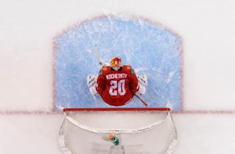 VANCOUVER, BC – DECEMBER 31: Goalie Pyotr Kochetkov #20 of Russia makes a save against Canada in Group A hockey action of the 2019 IIHF World Junior Championship on December, 31, 2018 at Rogers Arena in Vancouver, British Columbia, Canada. (Photo by Rich Lam/Getty Images)