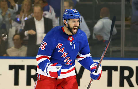 NEW YORK, NEW YORK – APRIL 24: Vincent Trocheck #16 of the New York Rangers celebrates his third period goal against the New Jersey Devils in Game Four of the First Round of the 2023 Stanley Cup Playoffs at Madison Square Garden on April 24, 2023 in New York, New York. The Devils defeated the Rangers 3-1. (Photo by Bruce Bennett/Getty Images)