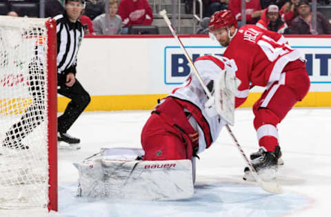 DETROIT, MI – NOVEMBER 24: Goaltender James Reimer #47 of the Carolina Hurricanes makes a save on a shot by Darren Helm #43 of the Detroit Red Wings during an NHL game at Little Caesars Arena on November 24, 2019 in Detroit, Michigan. (Photo by Dave Reginek/NHLI via Getty Images)