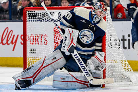 Nov 20, 2022; Columbus, Ohio, USA; Columbus Blue Jackets goaltender Daniil Tarasov (40) makes a helmet save in the second period against the Florida Panthers at Nationwide Arena. Mandatory Credit: Gaelen Morse-USA TODAY Sports