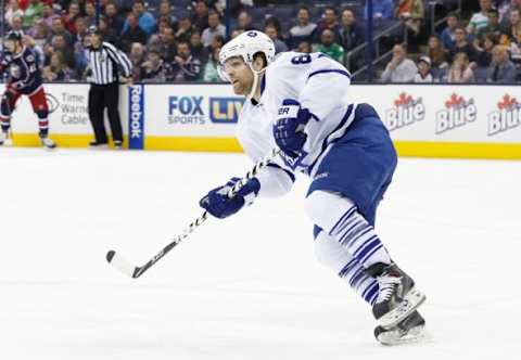 Apr 8, 2015; Columbus, OH, USA; Toronto Maple Leafs right wing Phil Kessel (81) against the Columbus Blue Jackets at Nationwide Arena. The Jackets won 5-0. Mandatory Credit: Aaron Doster-USA TODAY Sports