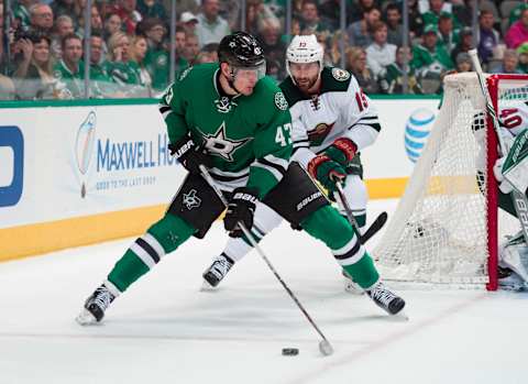 Apr 16, 2016; Dallas, TX, USA; Dallas Stars right wing Valeri Nichushkin (43) skates against the Minnesota Wild in game two of the first round of the 2016 Stanley Cup Playoffs at the American Airlines Center. The Stars defeat the Wild 2-1. Mandatory Credit: Jerome Miron-USA TODAY Sports