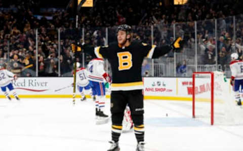 BOSTON, MA – DECEMBER 01: Boston Bruins right wing David Pastrnak (88) celebrates his 25th goal of the season during a game between the Boston Bruins and the Montreal Canadiens on December 1, 2019, at TD Garden in Boston, Massachusetts. (Photo by Fred Kfoury III/Icon Sportswire via Getty Images)