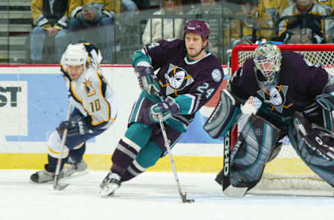 2003 Season: Ruslan Salei of the Anaheim Mighty Ducks. (Photo by Bruce Bennett Studios/Getty Images)