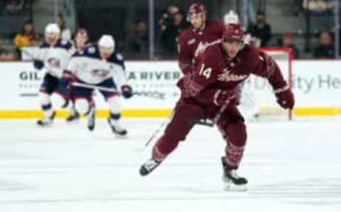 Feb 19, 2023; Tempe, Arizona, USA; Arizona Coyotes defenseman Shayne Gostisbehere (14) skates the puck against the Columbus Blue Jackets during the first period at Mullett Arena. Mandatory Credit: Joe Camporeale-USA TODAY Sports