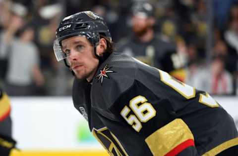 LAS VEGAS, NV – MAY 30: Vegas Golden Knights Center Erik Haula (56) sets up for a face off during game 2 of the Stanley Cup Final between the Washington Capitals and the Las Vegas Golden Knights on May 30, 2018 at T-Mobile Arena in Las Vegas, NV. (Photo by Chris Williams/Icon Sportswire via Getty Images)