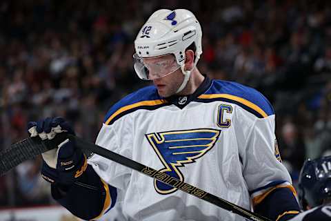 DENVER, CO – APRIL 03: David Backes #42 of the St. Louis Blues inspects his stick as he faces the Colorado Avalanche at Pepsi Center on April 3, 2016 in Denver, Colorado. The Blues defeated the Avalanche 5-1. (Photo by Doug Pensinger/Getty Images)