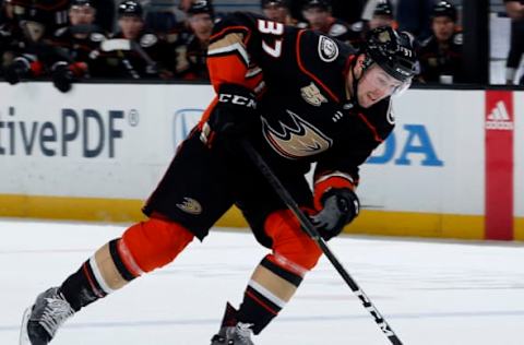 ANAHEIM, CA – JANUARY 23: Nick Ritchie #37 of the Anaheim Ducks skates with the puck during the game against the St. Louis Blues on January 23, 2019, at Honda Center in Anaheim, California. (Photo by Debora Robinson/NHLI via Getty Images)