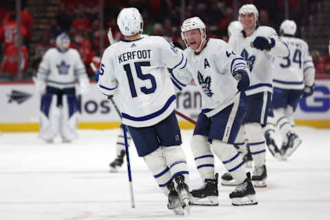 WASHINGTON, DC – APRIL 24: Alexander Kerfoot #15 of the Toronto Maple Leafs   (Photo by Patrick Smith/Getty Images)