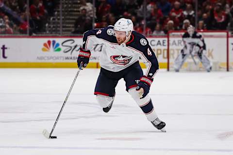 WASHINGTON, DC – JANUARY 08: Vladislav Gavrikov #4 of the Columbus Blue Jackets skates with the puck against the Washington Capitals during the third period of the game at Capital One Arena on January 8, 2023 in Washington, DC. (Photo by Scott Taetsch/Getty Images)