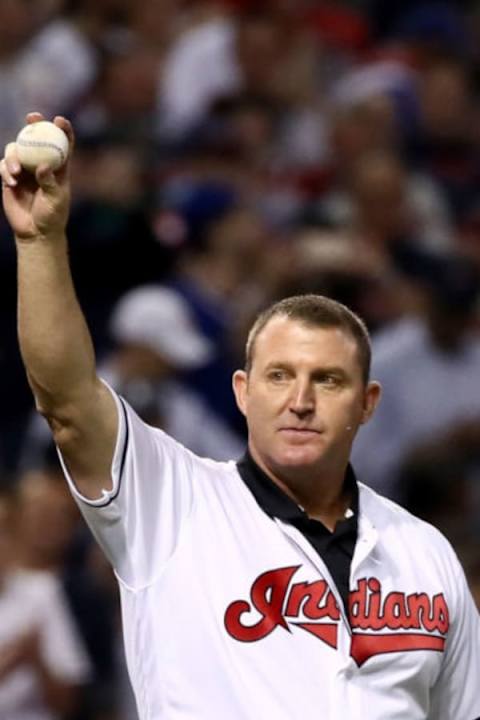 CLEVELAND, OH – NOVEMBER 02: Former Cleveland Indians player Jim Thome throws out the ceremonial first pitch before Game Seven of the 2016 World Series at Progressive Field on November 2, 2016, in Cleveland, Ohio. (Photo by Ezra Shaw/Getty Images)