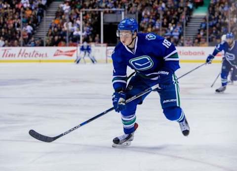 Nov 21, 2015; Vancouver, British Columbia, CAN; Vancouver Canucks forward Jake Virtanen (18) against Chicago Blackhawks at Rogers Arena. Vancouver won 6-3. Mandatory Credit: Bob Frid-USA TODAY Sports