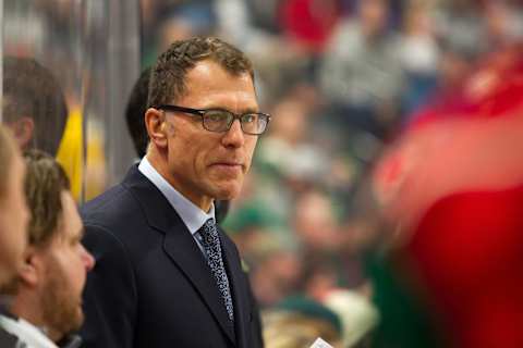 ST. PAUL, MN – JANUARY 19: Minnesota Wild assistant coach Scott Stevens looks on during the regular season match up between the Arizona Coyotes and the Minnesota Wild on January 19, 2017 at Xcel Energy Center in St. Paul, Minnesota. (Photo by David Berding/Icon Sportswire via Getty Images)