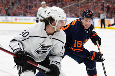 EDMONTON, AB – MAY 04: Zach Hyman #18 of the Edmonton Oilers battles against Sean Durzi #50 of the Los Angeles Kings during the second period in Game Two of the First Round of the 2022 Stanley Cup Playoffs at Rogers Place on May 4, 2022 in Edmonton, Canada. (Photo by Codie McLachlan/Getty Images)