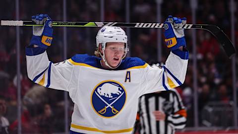 WASHINGTON, DC – MARCH 15: Rasmus Dahlin #26 of the Buffalo Sabres reacts against the Washington Capitals during the second period of the game at Capital One Arena on March 15, 2023 in Washington, DC. (Photo by Scott Taetsch/Getty Images)