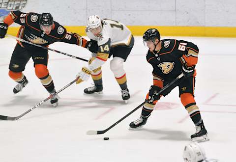 IRVINE, CA – SEPTEMBER 10: The Ducks”u2019 Troy Terry (61) controls the puck as teammate Max Comtios (53) keeps the Golden Knights”u2019 Nicholas Hague (14) away during their game in the 2019 Anaheim Rookie Face Off at the Great Park Ice & Fivepoint Arena in Irvine, CA, on Tuesday, Sep 10, 2019. (Photo by Jeff Gritchen/MediaNews Group/Orange County Register via Getty Images)