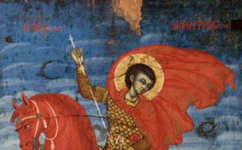 Saint Demetrio, by Joani Çetiri, 17th Century, tempera on wood. Albania, Tirana, Institute for Cultural Monuments. Whole artwork view. Saint Demetrio, symbol of GOod winning on Evil, on a red horse piercing his enemy. (Photo by Sergio Anelli/Electa/Mondadori Portfolio via Getty Images)