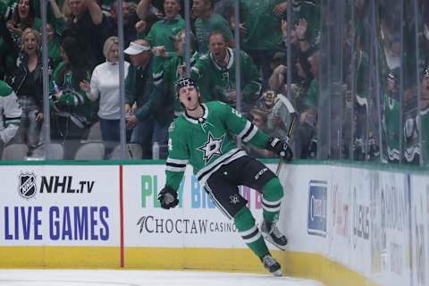 DALLAS, TX – OCTOBER 3: Roope Hintz #24 of the Dallas Stars celebrates a goal against the Boston Bruins at the American Airlines Center on October 3, 2019 in Dallas, Texas. (Photo by Glenn James/NHLI via Getty Images)