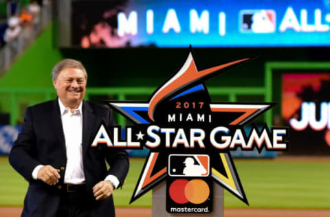 Jul 27, 2016; Miami, FL, USA; Miami Marlins owner Jeffery Loria (left) smiles after unveiling of the official logo of the 2017 all-star game that will be played at Marlins Park. The city of Miami will become a first time host of the all-star game. Mandatory Credit: Steve Mitchell-USA TODAY Sports. MLB.