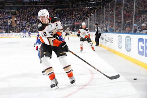 NEW YORK, NY – DECEMBER 22: Josh Manson #42 of the Anaheim Ducks skates with the puck against the New York Rangers at Madison Square Garden on December 22, 2019, in New York City. (Photo by Jared Silber/NHLI via Getty Images)