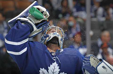 TORONTO, ON – OCTOBER 13: Jack Campbell #36 of the Toronto Maple Leafs takes a water break against the Montreal Canadiens during an NHL game at Scotiabank Arena on October 13, 2021 in Toronto, Ontario, Canada. The Maple Leafs defeated the Canadiens 2-1. (Photo by Claus Andersen/Getty Images)