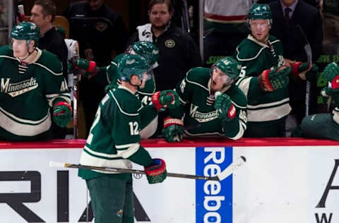 Oct 29, 2016; Saint Paul, MN, USA; Minnesota Wild forward Eric Staal (12) celebrates his goal in the third period against the Dallas Stars at Xcel Energy Center. The Minnesota Wild beat the Dallas Stars 4-0. Mandatory Credit: Brad Rempel-USA TODAY Sports